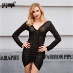 Gagaopt Kim Kardashian Party Dresses Deep V-Neck Sexy Black Mesh Dress Women Pleated Draw String Bodycon Dress Robe Vestidos