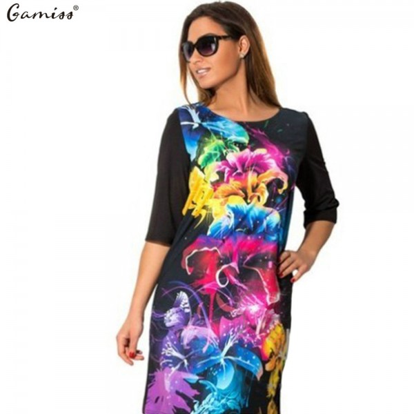 Gamiss 2016 Summer Plus Size Women Dresses Fashion Printing Round Neck Half Sleeve Woman Over Size Dress Large size Casual Dress