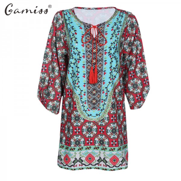 Gamiss 2017 Spring Summer Women Vintage Ethnic Dress Brand Baroque Style Floral Print Casual Beach Dress Boho Hippie Vestido