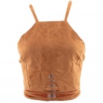 Gamiss Summer Vintage Brown Faux Leather Suede Cropped Tank Top Sexy Lace Up Camis Women Tops Slim Cami Party Crop Top Fall Vest
