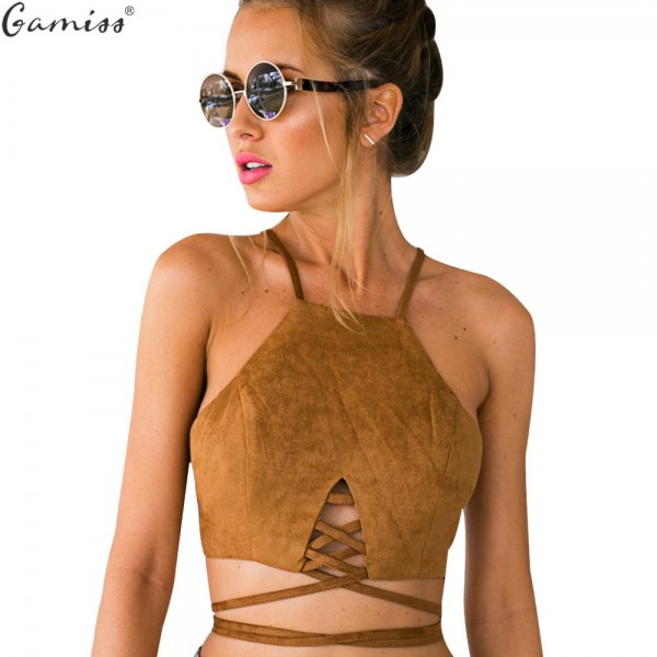 Gamiss Summer Vintage Brown Faux Leather Suede Cropped Tank Top Sexy Lace Up Camis Women Tops Slim Cami Party Crop Top Fall Vest