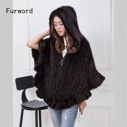 Genuine Mink Knit Jacket Women's Cloak Flounced V-Neck Hooded Jacket Fur Coat Fur Free Shipping