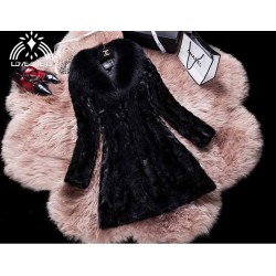 Genuine natural real mink fur coat with big fox fur collar women fashion warm winter jacket overcoat custom any size