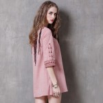 Geometric Embroidery Cotton Linen Women's Dress Ethnic New 2017 Lantern Sleeve Buttons Ethnic Boho Mini Dress Female Vestidos