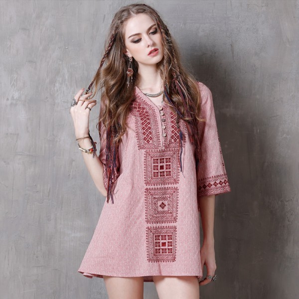 Geometric Embroidery Cotton Linen Women's Dress Ethnic New 2017 Lantern Sleeve Buttons Ethnic Boho Mini Dress Female Vestidos