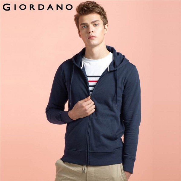 Giordano Men Sweatshirt Long Sleeves Hoodie Kanga Pocket Sweatshirt Zipper Solid Color Hoodie Brand Clothing French Terry Lining