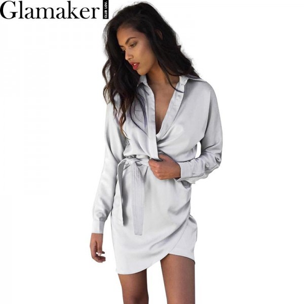 Glamaker Autumn belt satin wrap dress shirt Elegant long sleeve party sexy dress 2016 Winter club short women dress vestidos