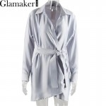 Glamaker Autumn belt satin wrap dress shirt Elegant long sleeve party sexy dress 2016 Winter club short women dress vestidos