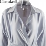 Glamaker Autumn belt satin wrap dress shirt Elegant long sleeve party sexy dress 2016 Winter club short women dress vestidos