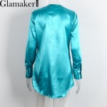 Glamaker Sexy v neck satin white women dress 2017 Spring long sleeve party blue dress shirt Fashion elegant club short dress