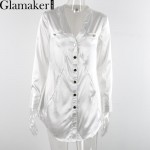 Glamaker Sexy v neck satin white women dress 2017 Spring long sleeve party blue dress shirt Fashion elegant club short dress