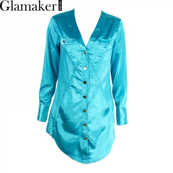 Glamaker Sexy v neck satin white women dress 2017 Spring long sleeve party blue dress shirt Fashion elegant club short dress