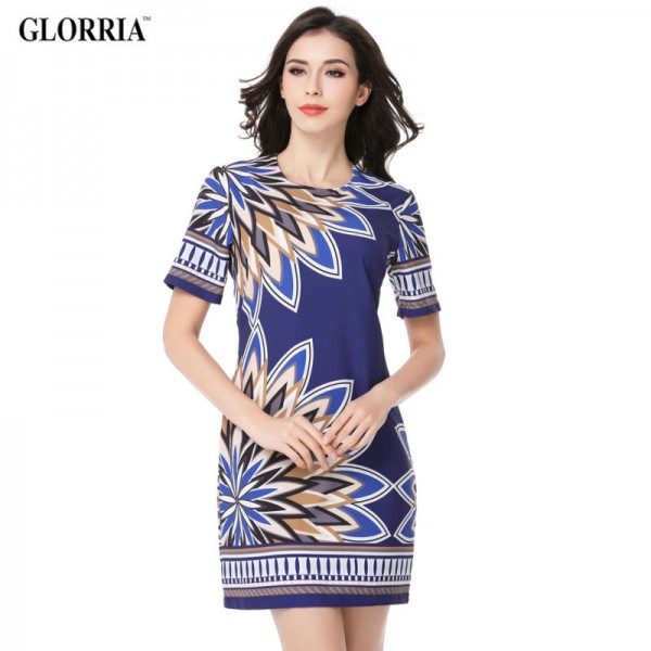 Glorria Women 2017 Summer Print Dress Navy Blue Short Dresses Lady Elegant Casual Fashion Party Office Dress Sundress Vestidos