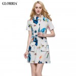 Glorria Women Colorful Insect Leaf Print Shirt Dress Summer Casual Fashion Turn-down Collar Short Sleeve Pockets Mini Dresses