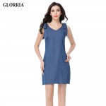 Glorria Women Denim V-Neck Shoulder Strap Sleeveless Dress Summer Casual Fashion A-Line Mini Dresses