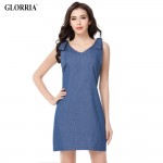 Glorria Women Denim V-Neck Shoulder Strap Sleeveless Dress Summer Casual Fashion A-Line Mini Dresses