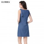 Glorria Women Denim V-Neck Shoulder Strap Sleeveless Dress Summer Casual Fashion A-Line Mini Dresses