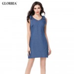 Glorria Women Denim V-Neck Shoulder Strap Sleeveless Dress Summer Casual Fashion A-Line Mini Dresses