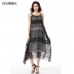 Glorria Women Lace Loose Long Suspender Dress 2017 Summer Sundress Lady Double Layer Dress Boho Beach Casual Sexy Black Vestidos