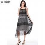 Glorria Women Lace Loose Long Suspender Dress 2017 Summer Sundress Lady Double Layer Dress Boho Beach Casual Sexy Black Vestidos