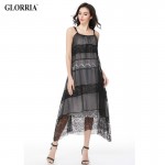 Glorria Women Lace Loose Long Suspender Dress 2017 Summer Sundress Lady Double Layer Dress Boho Beach Casual Sexy Black Vestidos