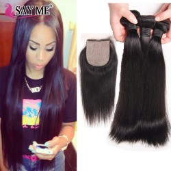 Grade 8A Peruvian Straight Hair With Silk Base Closure With Baby Hair 3 Bundles Peruvian Short Straight Human Hair With Closure