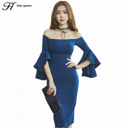 H Han Queen Vestidos Vintage Autumn Flare Sleeve Slim Sexy Dress Off the Shoulder Office Blue Party Pencil Sheath Dresses