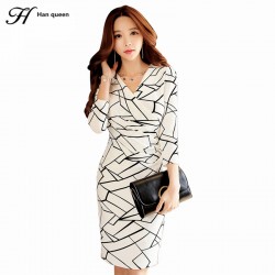 H han queen Korean Pencil Dresses Autumn Womens Elegant Print Slim Work Wear Office Business Casual Party Sheath Bodycon Dress