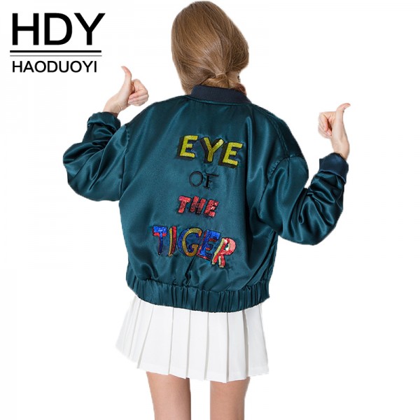 HDY Haoduoyi 2016 Autumn Fashion Women Letter Print Bomber Jackets Tultleneck  Long Sleeve Elastic Single Breasted Coat