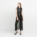 HDY Haoduoyi 2016 Autumn Fashion Women Solid PU Patchwork Chiffon Sleeveless Long Coat Jacket Zipper Casual Outwear
