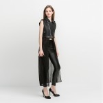 HDY Haoduoyi 2016 Autumn Fashion Women Solid PU Patchwork Chiffon Sleeveless Long Coat Jacket Zipper Casual Outwear