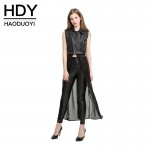 HDY Haoduoyi 2016 Autumn Fashion Women Solid PU Patchwork Chiffon Sleeveless Long Coat Jacket Zipper Casual Outwear