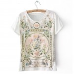 HDY Haoduoyi 2016 Fashion New Women Casual Slim Top Vintage Elegant Floral Print Tees Short Sleeve Crew Neck T-shirt