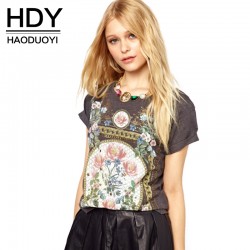 HDY Haoduoyi 2016 Fashion New Women Casual Slim Top Vintage Elegant Floral Print Tees Short Sleeve Crew Neck T-shirt