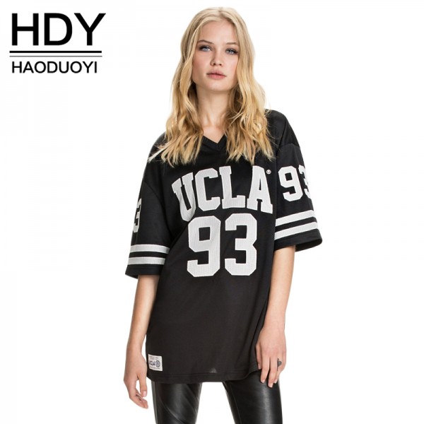 HDY Haoduoyi 2016 Summer New Fashion Casual V-Neck Letter Print Tees Boyfriend Style Loose Women T-shirt