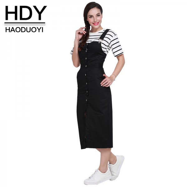 HDY Haoduoyi 2017 Autumn Women Fashion Solid Black Single Buttons Pencil Dress High Waist  Casual Loose Brief Strap Dress