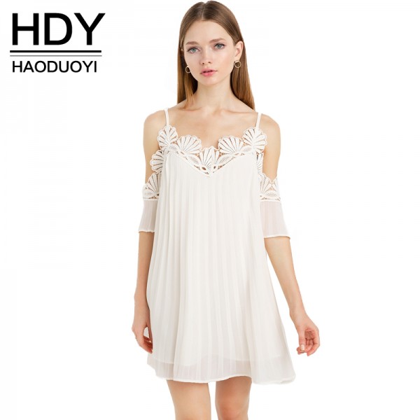 HDY Haoduoyi 2017 Fashion Backless Mini Dress Women Female Chiffon Dress Sweet Solid Lace Patchwork Dress Loose Shift Vestidos