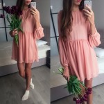 HDY Haoduoyi Autumn Dress Women Clothing Kawaii Lantern Sleeve A-Line Midi Dress Preppy Coral Red Loose Casual Vestido Dress