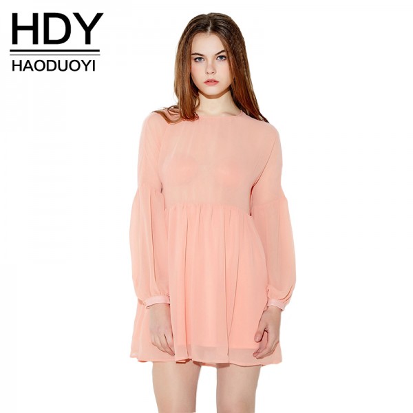 HDY Haoduoyi Autumn Dress Women Clothing Kawaii Lantern Sleeve A-Line Midi Dress Preppy Coral Red Loose Casual Vestido Dress