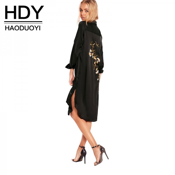HDY Haoduoyi Black Women Dress Long Sleeve Turn-down Collar Split Side Straigh Dress Women Embroidery Loose Casual Dress