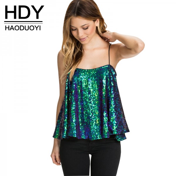 HDY Haoduoyi Fashion 3 Colors Sexy Slash Neck Tank Top Women Ruffles Sequin Top Tank Women Off Shoulder Sleeveless Camis Tank