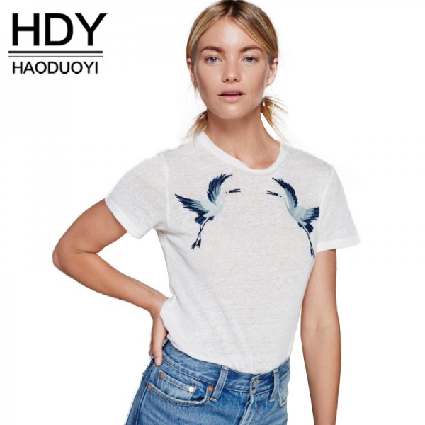 HDY Haoduoyi Fashion Embroidery Basci Tops Women Short Sleeve Female Pullover Tops Brief Style White O-neck Casual T-shirt