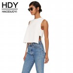 HDY Haoduoyi Fashion Split Basic Tops Women Sleeveless Cold Shoulder Female Pullover Tops Street High Low Casual Ladies T-shirt