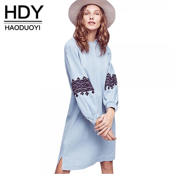 HDY Haoduoyi Long Sleeve Women Straight Dress O Neck Embroidery Knee-Length Dress For Female Zipper Back Casual Female Dress