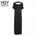 HDY Haoduoyi Solid Black Autumn Fashion Women Clothing Elegant Crew Neck Pocket Maxi Dress Sexy Hollow Out Backless Loose Dress