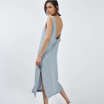 HDY Haoduoyi Solid Blue Backless Women Dress Single Breasted Side Split Midi Dress V-neck Sleeveless Casual Dress Vestidos