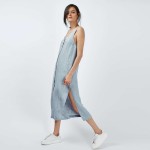 HDY Haoduoyi Solid Blue Backless Women Dress Single Breasted Side Split Midi Dress V-neck Sleeveless Casual Dress Vestidos