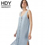 HDY Haoduoyi Solid Blue Backless Women Dress Single Breasted Side Split Midi Dress V-neck Sleeveless Casual Dress Vestidos