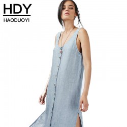 HDY Haoduoyi Solid Blue Backless Women Dress Single Breasted Side Split Midi Dress V-neck Sleeveless Casual Dress Vestidos