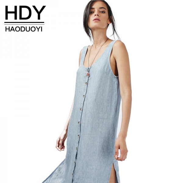 HDY Haoduoyi Solid Blue Backless Women Dress Single Breasted Side Split Midi Dress V-neck Sleeveless Casual Dress Vestidos